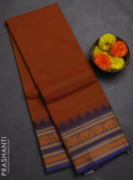 Chettinad cotton saree dark mustard and blue with thread woven buttas and long temple design thread woven border