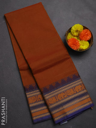 Chettinad cotton saree dark mustard and blue with thread woven buttas and long temple design thread woven border
