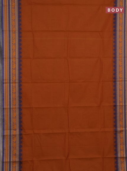 Chettinad cotton saree dark mustard and blue with thread woven buttas and long temple design thread woven border