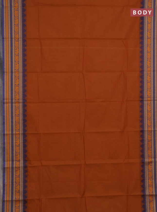 Chettinad cotton saree dark mustard and blue with thread woven buttas and long temple design thread woven border