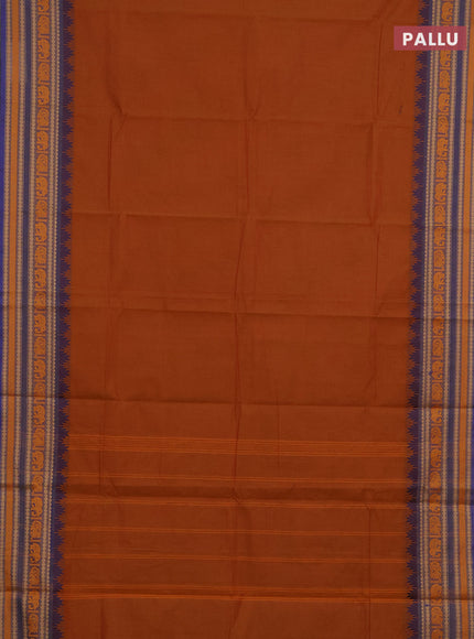 Chettinad cotton saree dark mustard and blue with thread woven buttas and long temple design thread woven border
