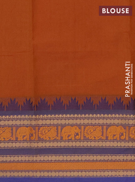 Chettinad cotton saree dark mustard and blue with thread woven buttas and long temple design thread woven border