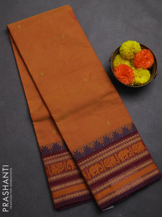 Chettinad cotton saree sunset orange and maroon shade with thread woven buttas and long temple design thread woven border