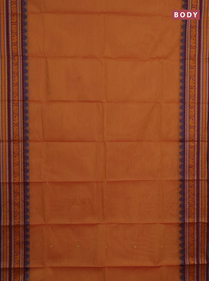 Chettinad cotton saree sunset orange and maroon shade with thread woven buttas and long temple design thread woven border