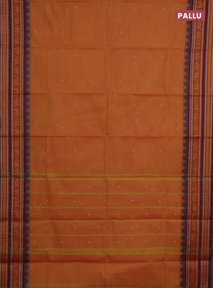 Chettinad cotton saree sunset orange and maroon shade with thread woven buttas and long temple design thread woven border
