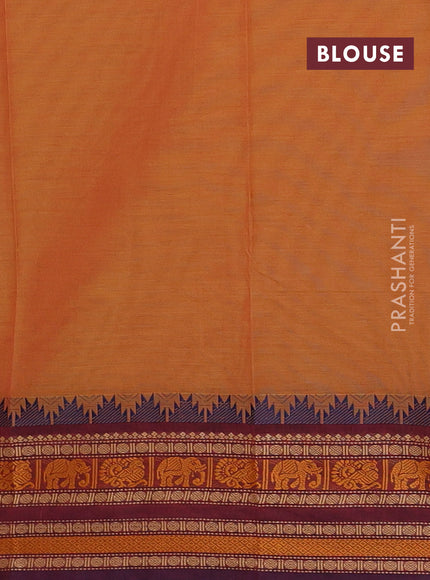 Chettinad cotton saree sunset orange and maroon shade with thread woven buttas and long temple design thread woven border