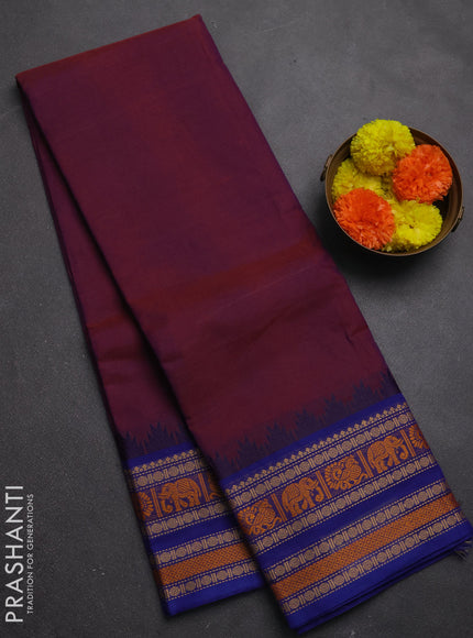 Chettinad cotton saree dual shade of purple and blue with plain body and long temple design thread woven border
