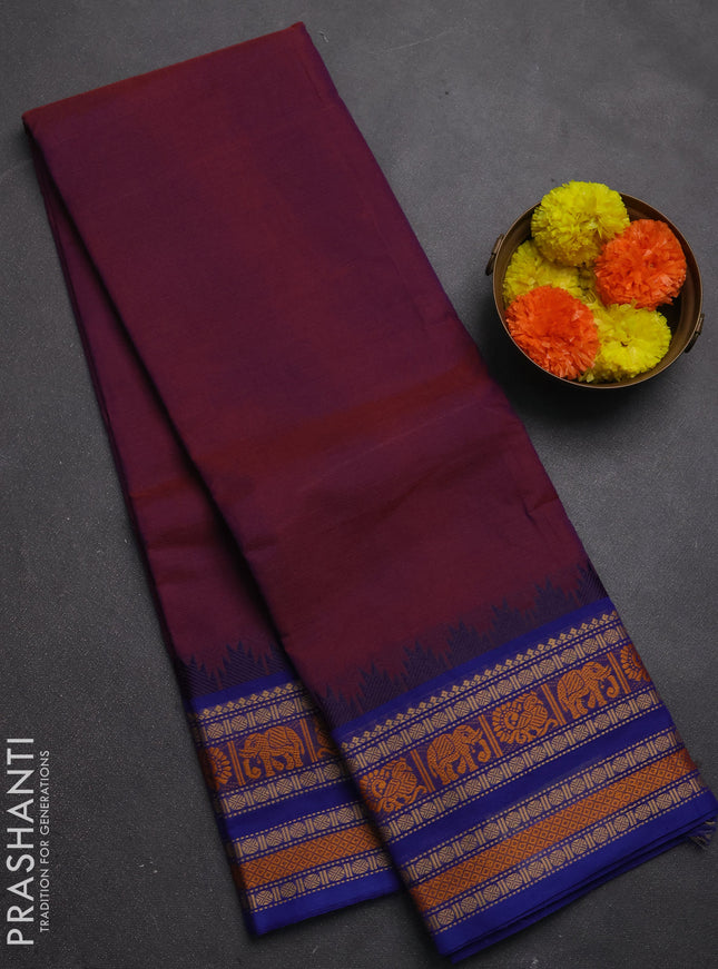 Chettinad cotton saree dual shade of purple and blue with plain body and long temple design thread woven border