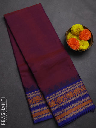 Chettinad cotton saree dual shade of purple and blue with plain body and long temple design thread woven border