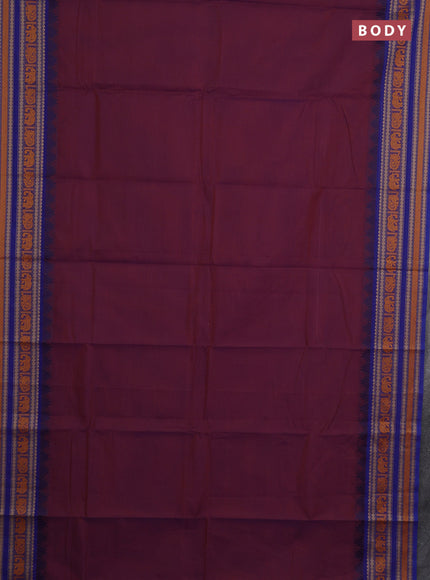 Chettinad cotton saree dual shade of purple and blue with plain body and long temple design thread woven border