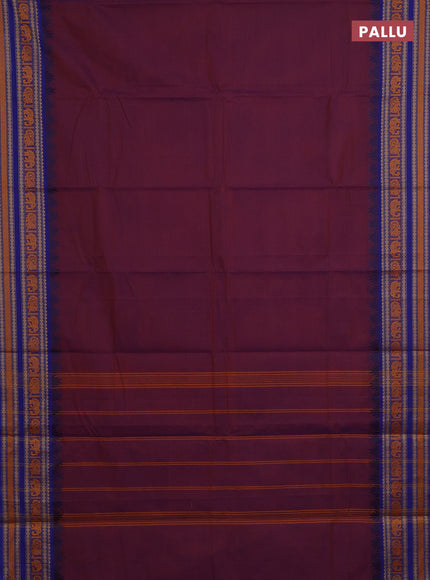 Chettinad cotton saree dual shade of purple and blue with plain body and long temple design thread woven border