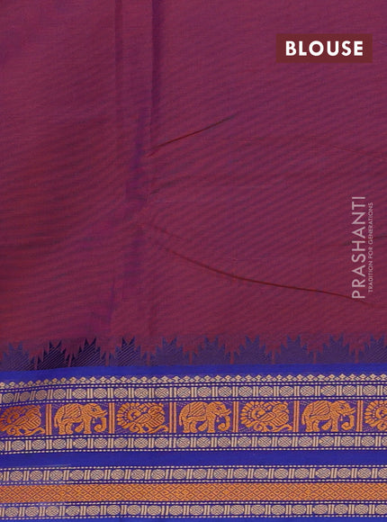 Chettinad cotton saree dual shade of purple and blue with plain body and long temple design thread woven border