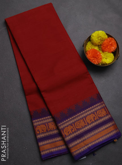 Chettinad cotton saree rust shade and purple with plain body and long temple design thread woven border