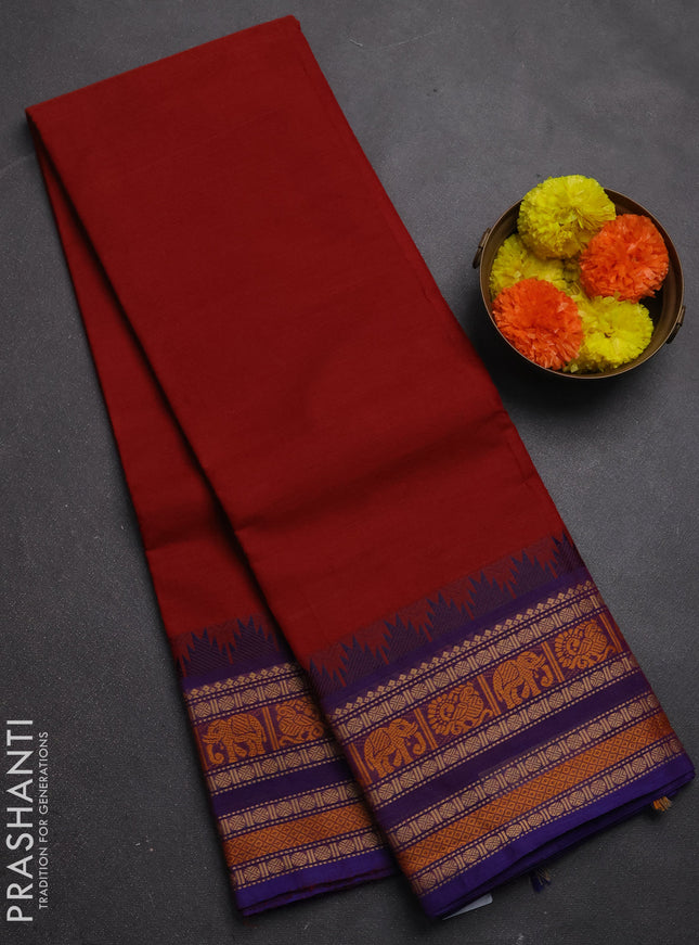 Chettinad cotton saree rust shade and purple with plain body and long temple design thread woven border