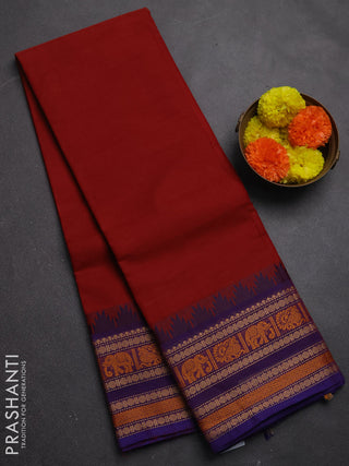 Chettinad cotton saree rust shade and purple with plain body and long temple design thread woven border