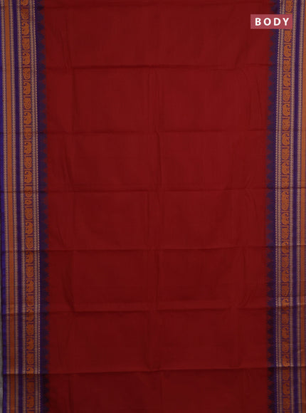 Chettinad cotton saree rust shade and purple with plain body and long temple design thread woven border