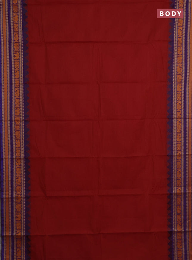 Chettinad cotton saree rust shade and purple with plain body and long temple design thread woven border
