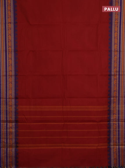 Chettinad cotton saree rust shade and purple with plain body and long temple design thread woven border