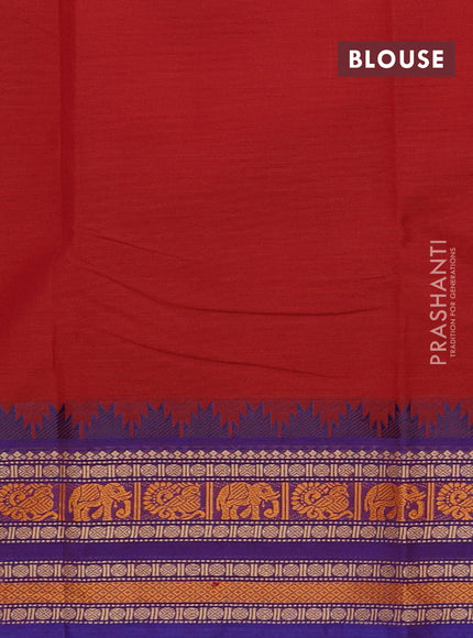 Chettinad cotton saree rust shade and purple with plain body and long temple design thread woven border