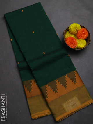 Chettinad cotton saree green and mustard yellow with thread woven buttas and temple design thread woven border