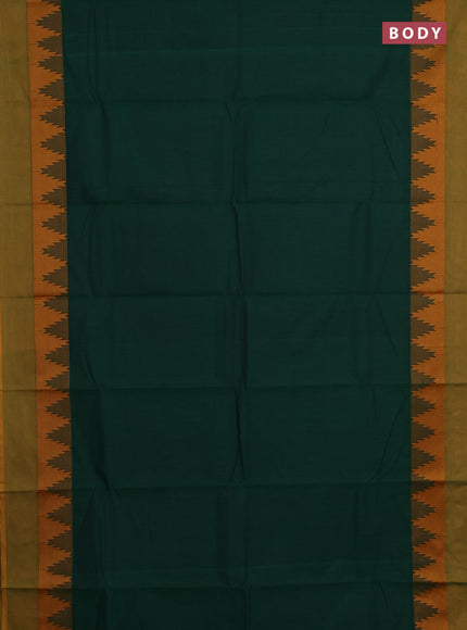 Chettinad cotton saree green and mustard yellow with thread woven buttas and temple design thread woven border