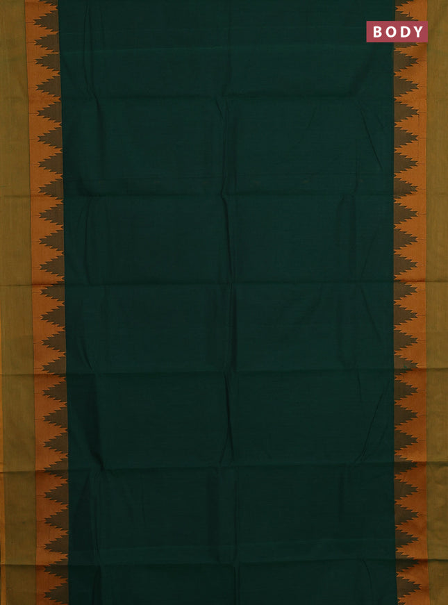 Chettinad cotton saree green and mustard yellow with thread woven buttas and temple design thread woven border