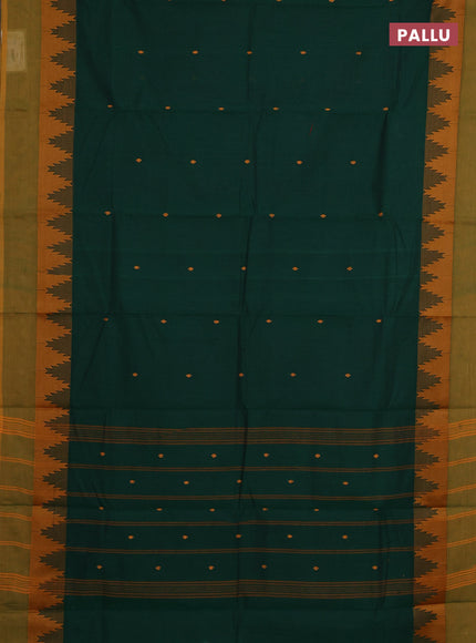 Chettinad cotton saree green and mustard yellow with thread woven buttas and temple design thread woven border
