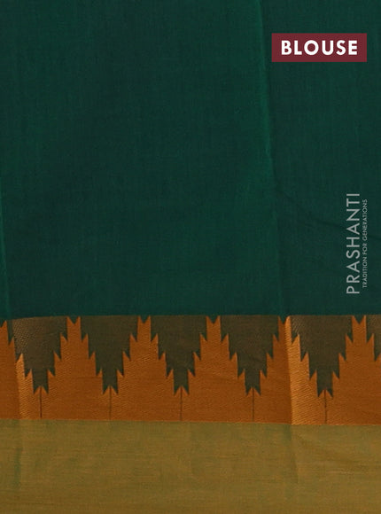 Chettinad cotton saree green and mustard yellow with thread woven buttas and temple design thread woven border