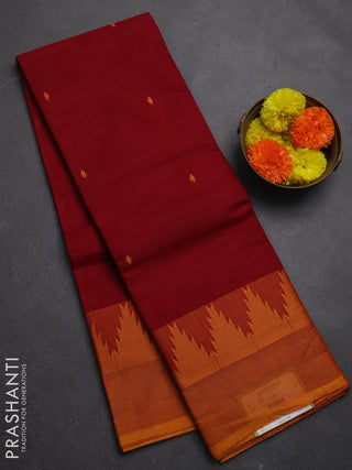 Chettinad cotton saree kumkum red and mustard yellow with thread woven buttas and temple design thread woven border
