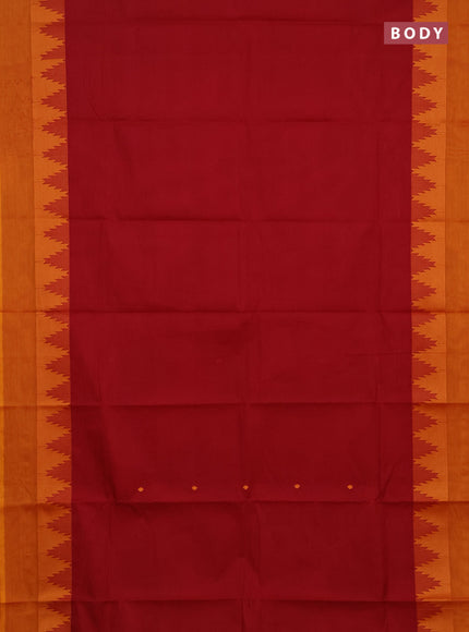 Chettinad cotton saree kumkum red and mustard yellow with thread woven buttas and temple design thread woven border