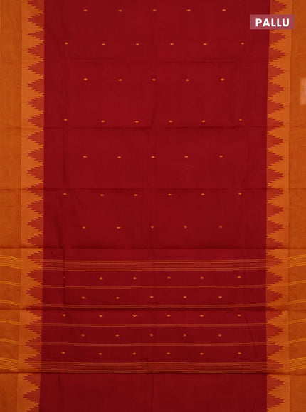 Chettinad cotton saree kumkum red and mustard yellow with thread woven buttas and temple design thread woven border