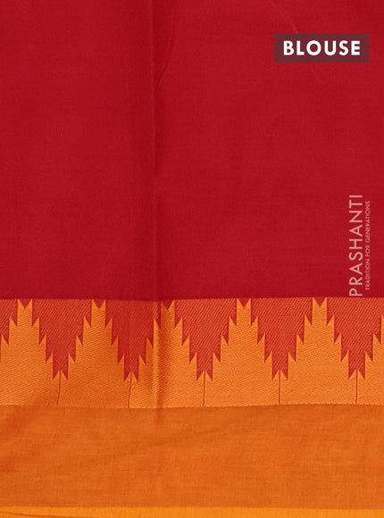 Chettinad cotton saree kumkum red and mustard yellow with thread woven buttas and temple design thread woven border