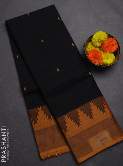 Chettinad cotton saree black and mustard yellow with thread woven buttas and temple design thread woven border