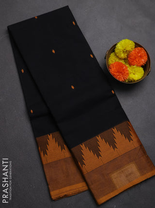 Chettinad cotton saree black and mustard yellow with thread woven buttas and temple design thread woven border
