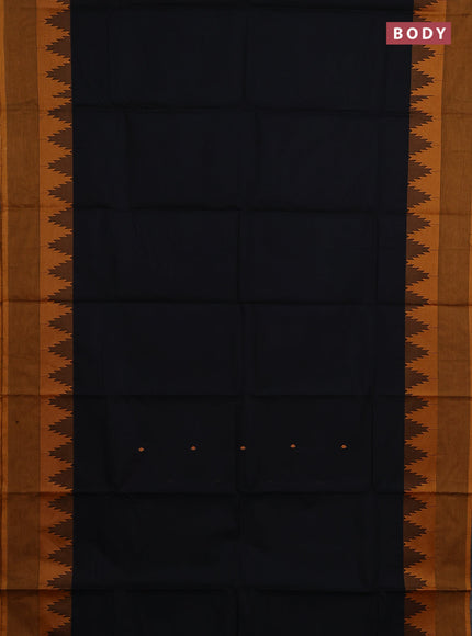 Chettinad cotton saree black and mustard yellow with thread woven buttas and temple design thread woven border
