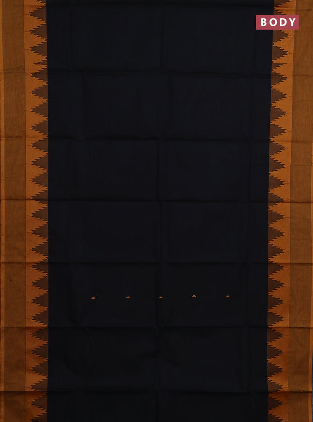 Chettinad cotton saree black and mustard yellow with thread woven buttas and temple design thread woven border