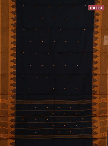 Chettinad cotton saree black and mustard yellow with thread woven buttas and temple design thread woven border