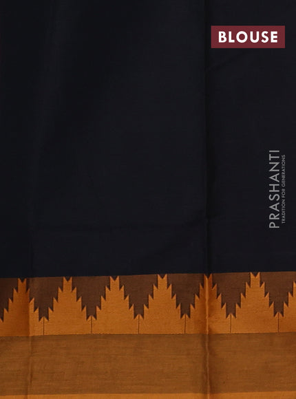 Chettinad cotton saree black and mustard yellow with thread woven buttas and temple design thread woven border
