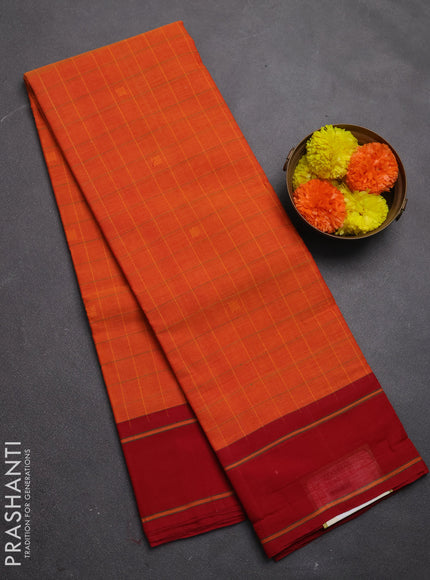 Chettinad cotton saree orange and red with allover thread checked pattern and rettapet thread woven border