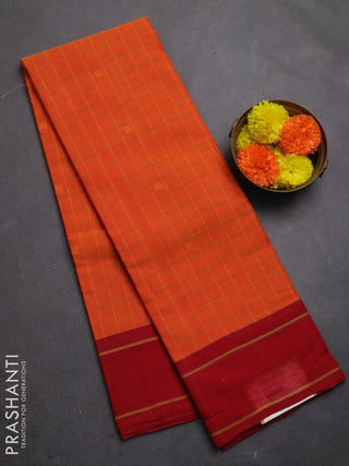 Chettinad cotton saree orange and red with allover thread checked pattern and rettapet thread woven border