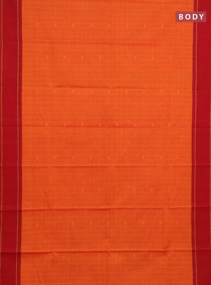 Chettinad cotton saree orange and red with allover thread checked pattern and rettapet thread woven border