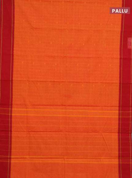 Chettinad cotton saree orange and red with allover thread checked pattern and rettapet thread woven border