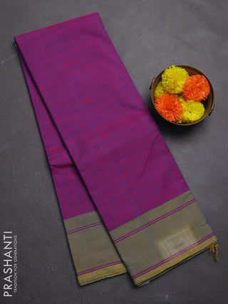 Chettinad cotton saree purple and elaichi green with allover thread checked pattern and rettapet thread woven border