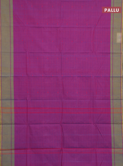 Chettinad cotton saree purple and elaichi green with allover thread checked pattern and rettapet thread woven border