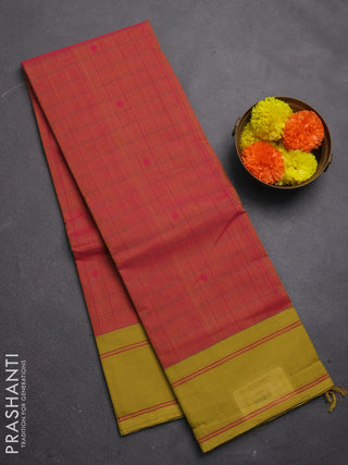 Chettinad cotton saree pink and elaichi green with allover thread checked pattern and rettapet thread woven border
