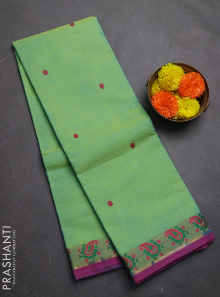 Chettinad cotton saree light green and purple with thread woven buttas and small thread woven border