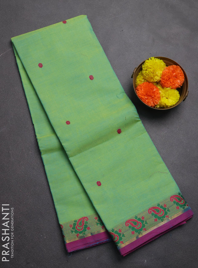 Chettinad cotton saree light green and purple with thread woven buttas and small thread woven border