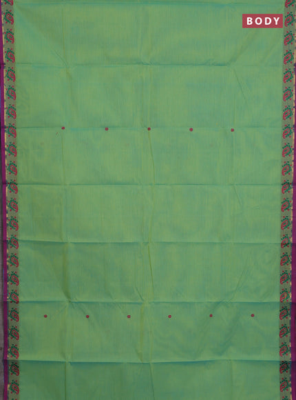 Chettinad cotton saree light green and purple with thread woven buttas and small thread woven border