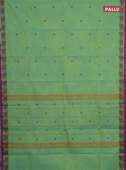 Chettinad cotton saree light green and purple with thread woven buttas and small thread woven border