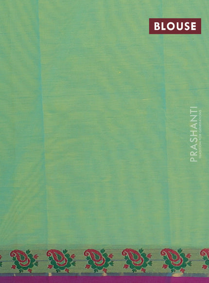Chettinad cotton saree light green and purple with thread woven buttas and small thread woven border